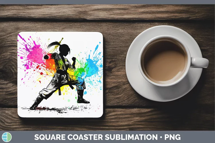 Neon Rainbow Female Martial Artist Square Coaster Sublimatio
