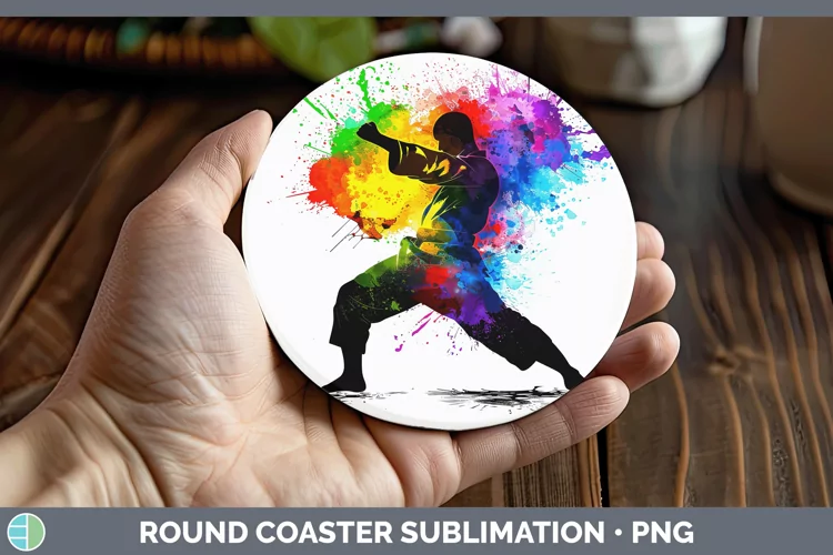 Neon Rainbow Male Martial Artist Round Coaster Sublimation C