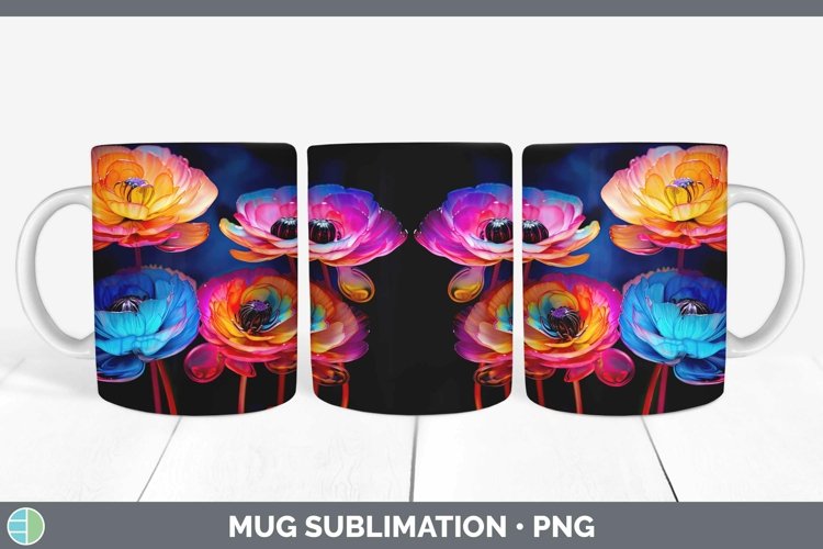 Neon Ranunculus Mug Wrap | Sublimation Coffee Cup Designs