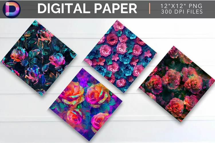 Neon Rose Flowers Digital Paper