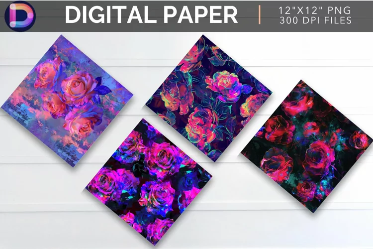 Neon Rose Flowers Digital Paper