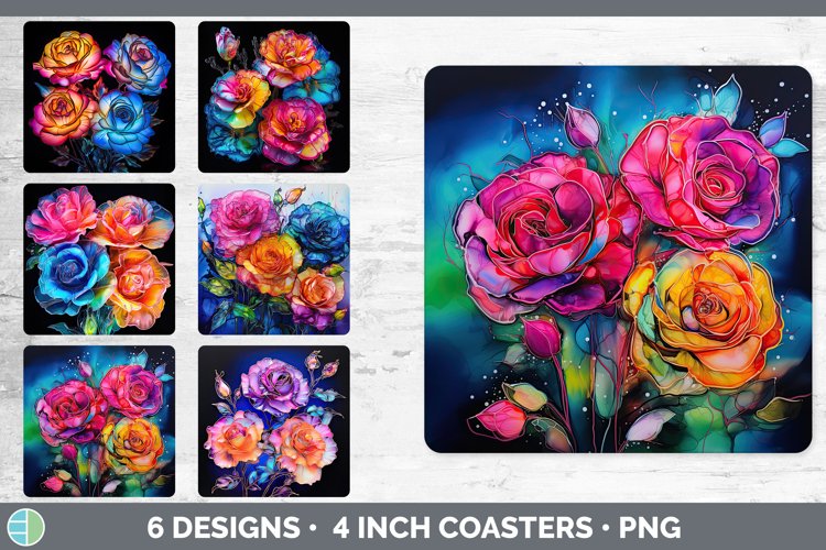 Neon Rose Flowers Square Coaster | Bundle Coaster Designs