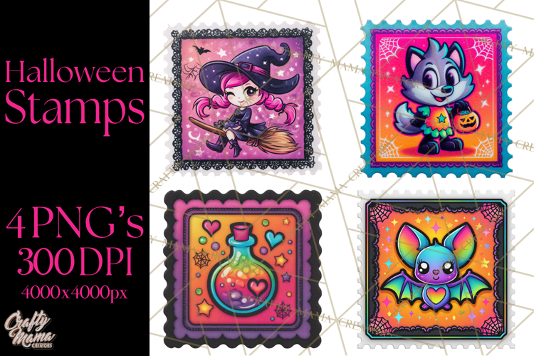 Neon Halloween Clipart Postage Stamps, Cute Spooky PNGs