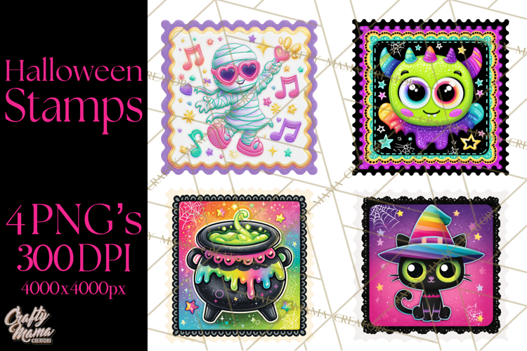 Neon Halloween Clipart Postage Stamps, Cute Spooky PNGs