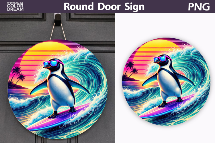 Surfing Penguin Sunset Sign | Summer Door Decor