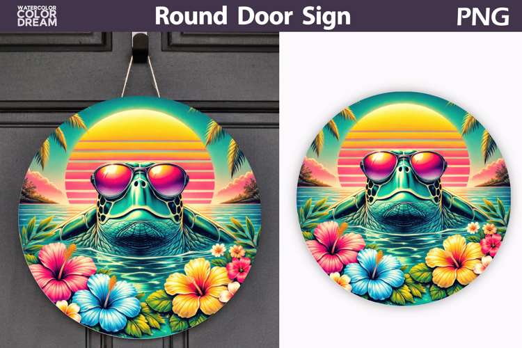 Tropical Turtle Sunset Sign | Summer Door Decor