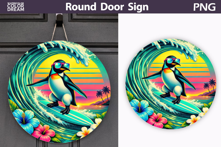 Surfing Penguin Wave Sign | Summer Door Decor