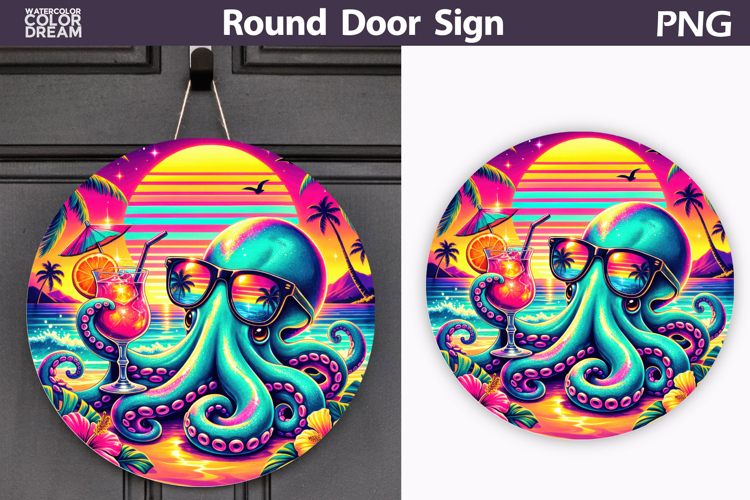 Octopus Cocktail Sunset Sign | Summer Door Decor