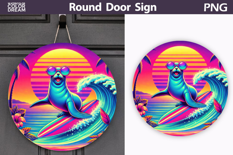 Surfing Seal Sunset Sign | Summer Door Decor