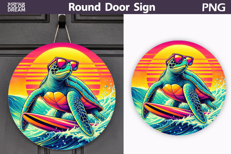 Surfing Turtle Sunset Sign | Beach Door Decor