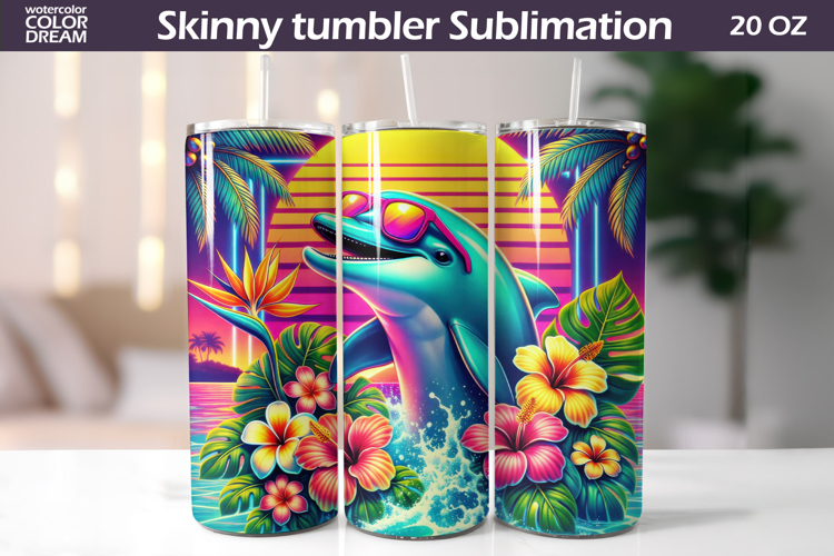 Tropical Dolphin Tumbler Wrap | Neon Summer Beach Sublimatio