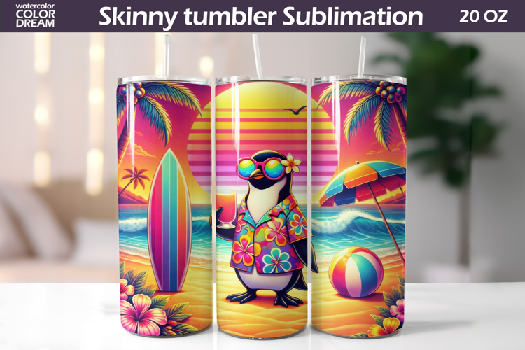 Tropical Penguin Tumbler Wrap | Summer Beach Sublimation