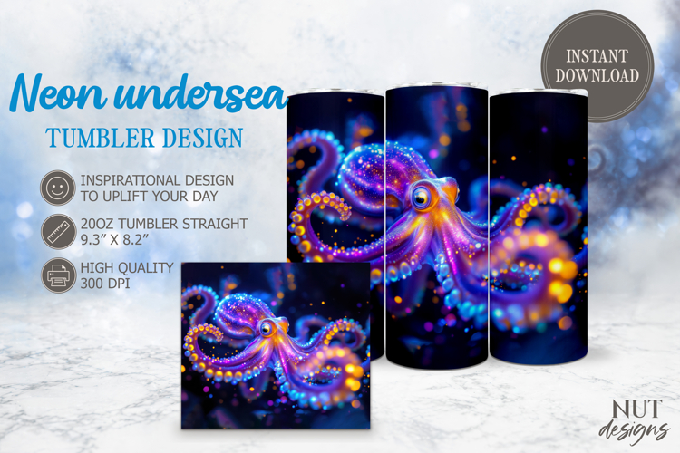 Neon Octopus Tumbler Wrap underwater ocean Tumbler 20oz example image 1