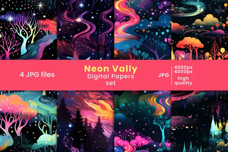 neon vally digital paper and colorful garden patterns