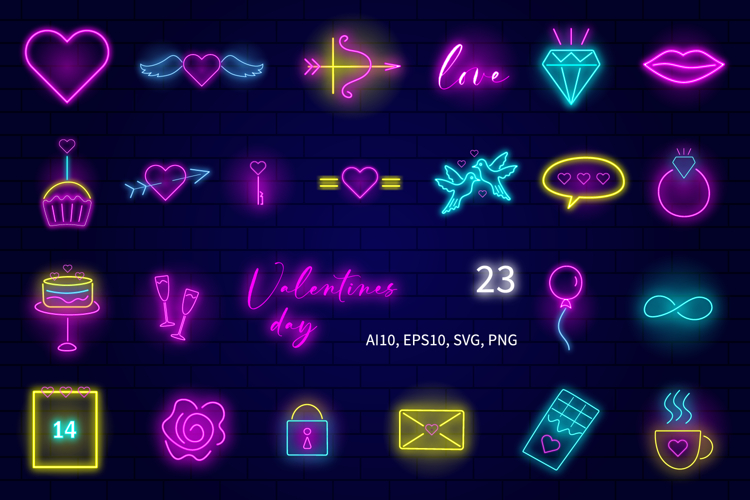 Valentines Day Neon Vector Icons