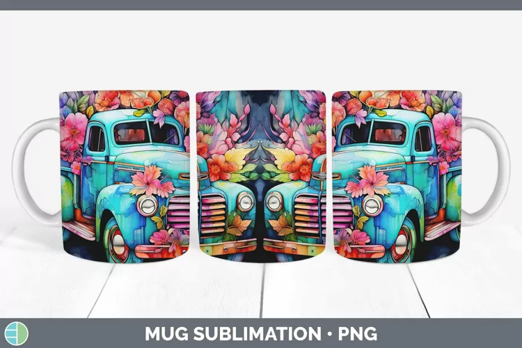 Neon Vintage Truck Mug Wrap Sublimation Coffee Cup Designs