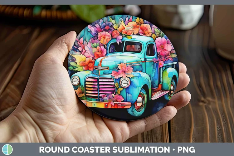 Neon Vintage Truck Round Coaster Sublimation Coaster Designs