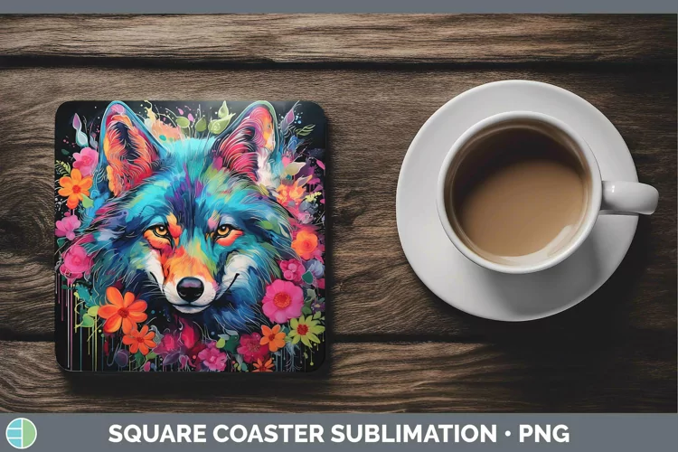 Neon Wolf Square Coaster Sublimation Coaster Designs