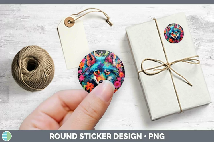 Neon Wolf Stickers | Round Labels Designs