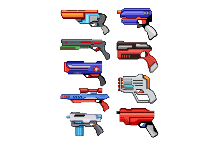 Collection of colorful toy blasters for childrens play