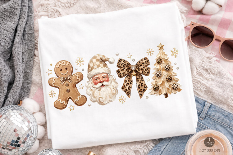 Neutral Christmas Crew PNG, Leopard Santa T-Shirt example image 1