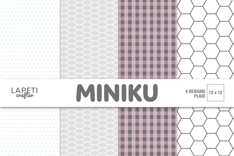 Four coordinating digital scrapbook papers featuring light blue polka dots, gray scallops, mauve plaid and gray honeycomb patterns.