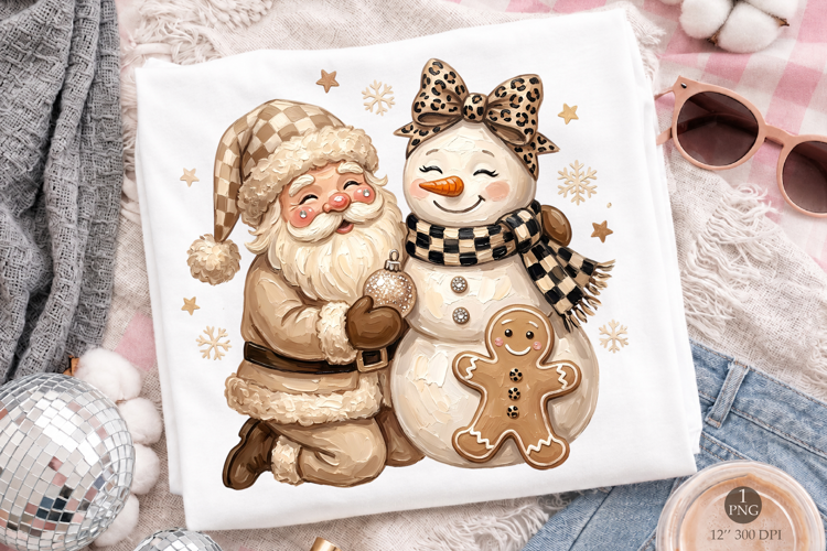 Neutral Santa and Snowman PNG, Leopard Christmas Art