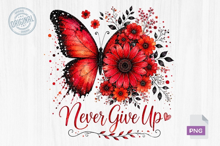 Never Give Up Butterfly Floral PNG