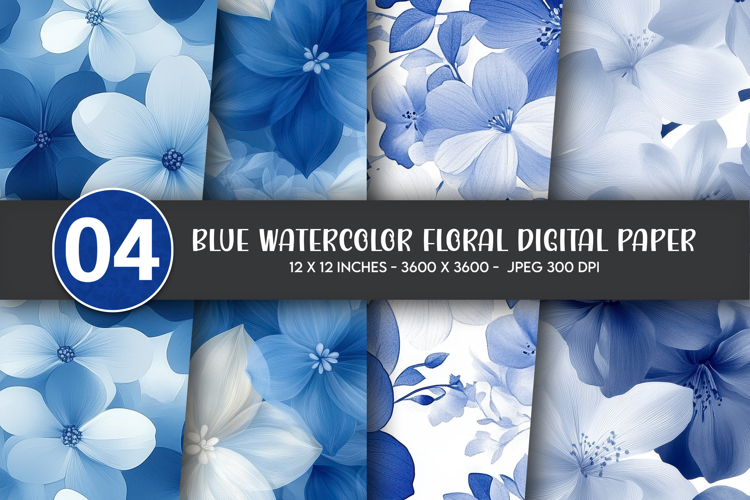 Blue Watercolor Floral Digital Paper