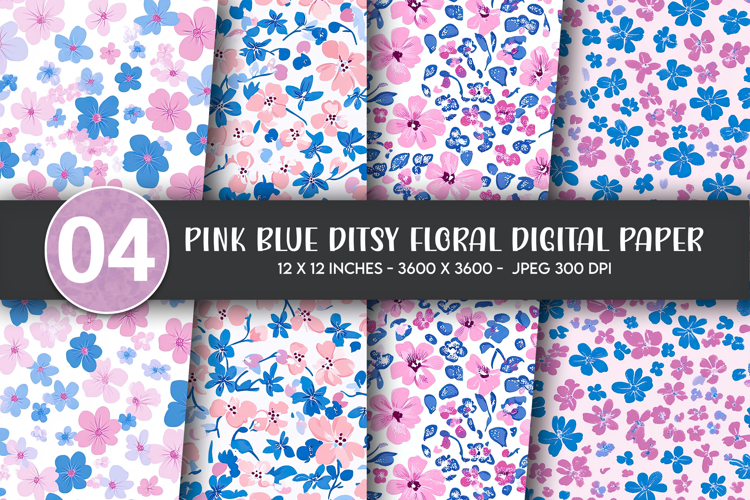 Pink Blue Ditsy Floral Digital Paper example image 1