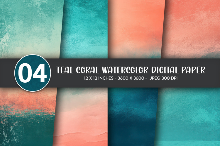 Teal Coral Watercolor Digital Paper