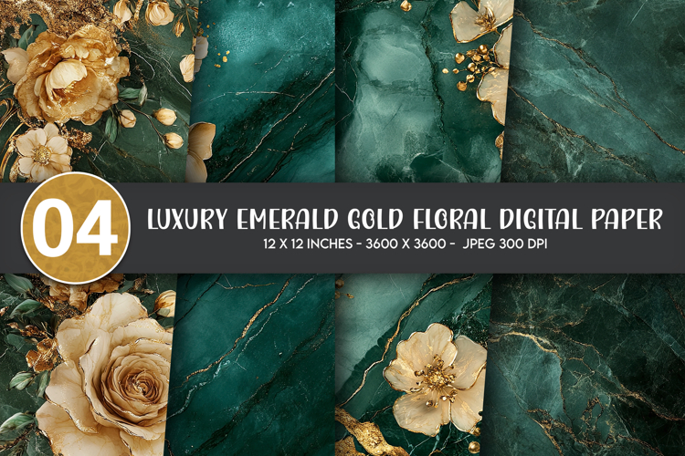 Luxury Emerald Gold Floral Digital Paper example image 1