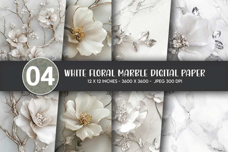 White Floral Marble Digital Paper example image 1