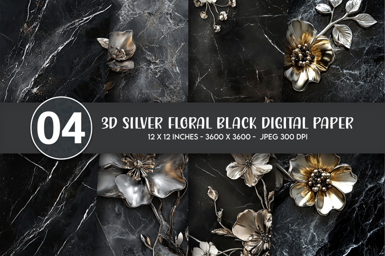 3D Silver Floral Black Digital Paper example image 1