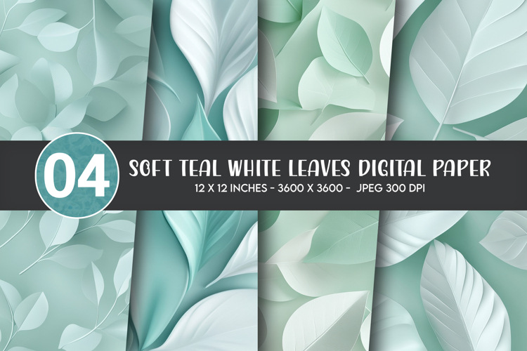 Soft Teal White Leaves Digital Paper example image 1