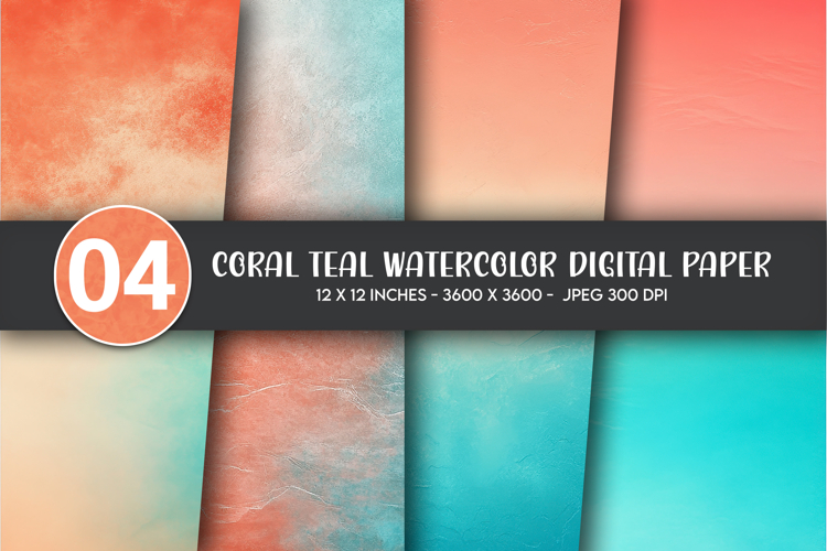 Coral Teal Watercolor Digital Paper