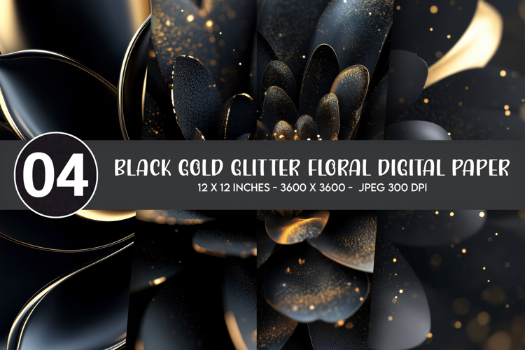 Black Gold Glitter Floral Digital Paper example image 1