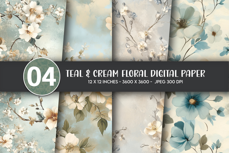 Teal & Cream Floral Digital Paper