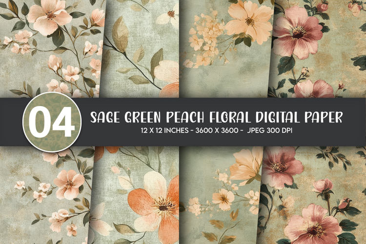 Sage Green Peach Floral Digital Paper