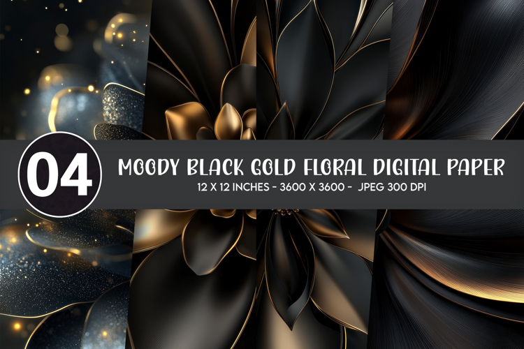 Moody Black Gold Floral Digital Paper example image 1