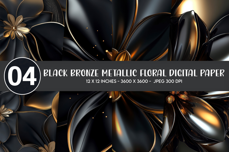 Black Bronze Metallic Floral Digital Paper example image 1