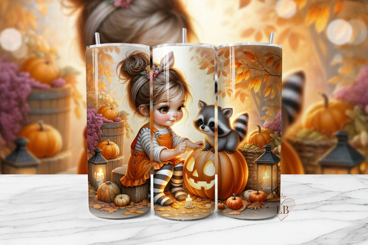 Fall Pumpkin Raccoon Girl Tumbler Wrap PNG