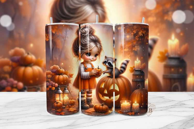 Pumpkin Raccoon Girl Tumbler Wrap PNG