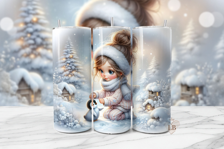 Winter Penguin Girl Snow Tumbler Wrap PNG