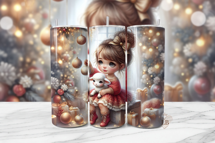 Girl and Lamb Christmas Tumbler Wrap PNG