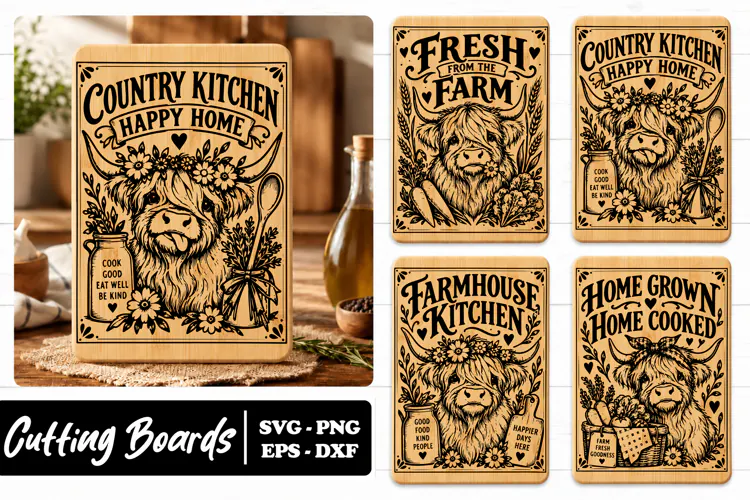 Highland Cow Farmhouse Kitchen Board SVG PNG