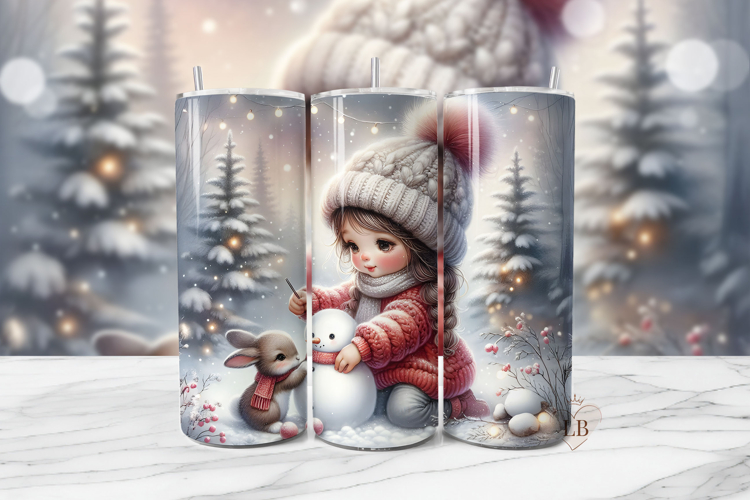 Girl And Bunny Christmas Tumbler Wrap PNG