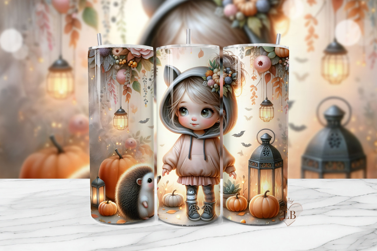 Autumn Hedgehog Girl Tumbler Wrap PNG