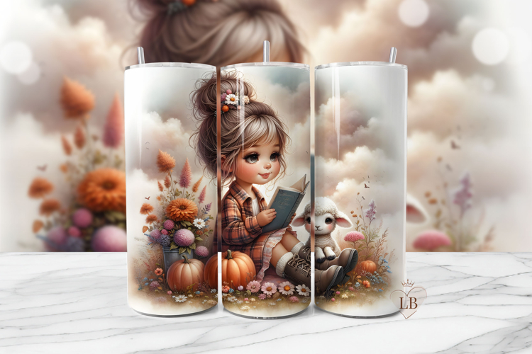 Girl Reading with Lamb Fall Tumbler Wrap PNG