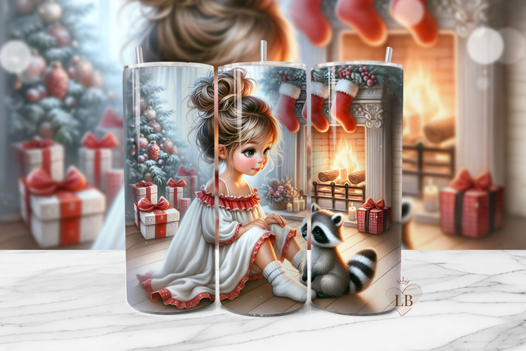 Cute Girl with Raccoon Christmas Tumbler Wrap PNG